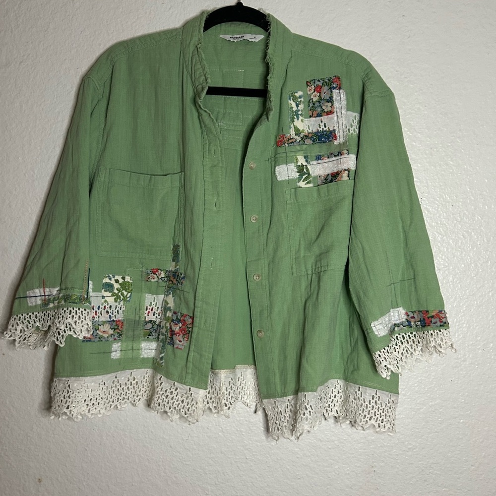 Sonoma Green 3/4 Sleeve Floral Shacket Lace Hem XL Cotton Artsy‎ Lagenlook